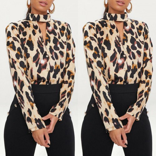 Vogue Women Ladies Leopard Printed Shirts Loose Long Sleeve V Neck Sexy Tops Blouses Female 